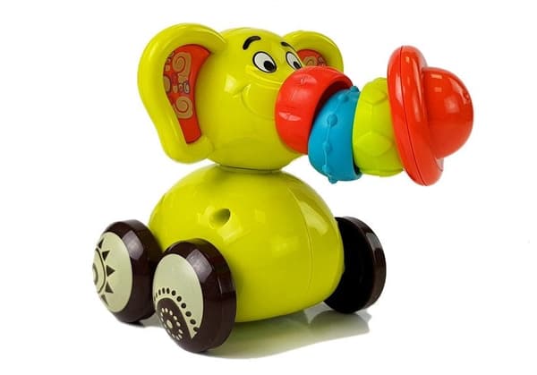 Leksaksbil elefant för små barn med flexibel snabel och röd hatt