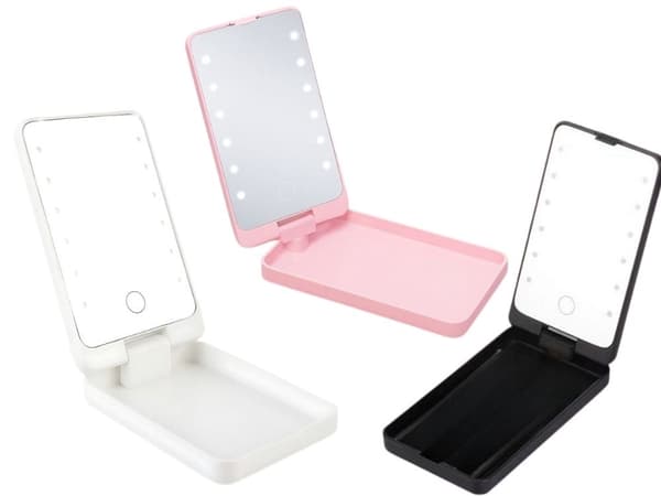 LED-makeupspejl foldbart med belysning 16x9 cm genopladelig blandet farve