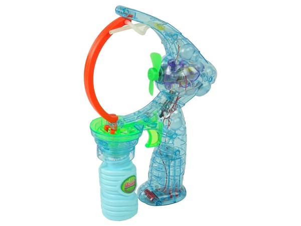 Såpbubbelpistol blå batteridriven med ljus & musik, 2 flaskor såplösning