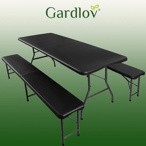 Fällbart trädgårdsbord med 2 bänkar 180 cm HDPE stålram