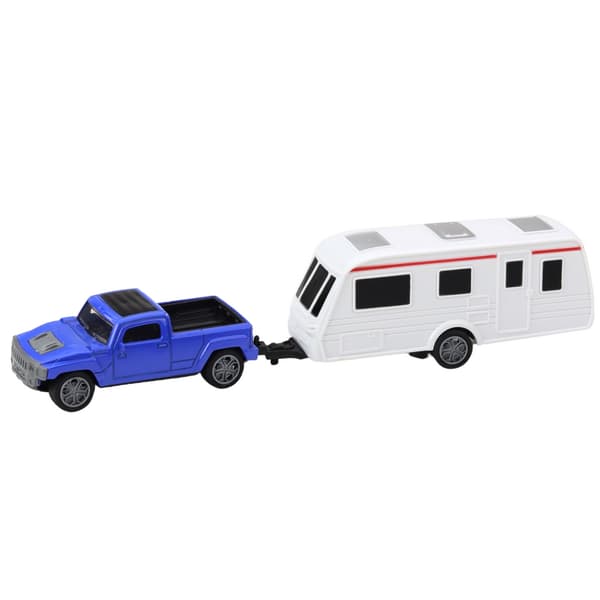 Die-cast terrängbil med husvagn set blå/vit med utbildningskort