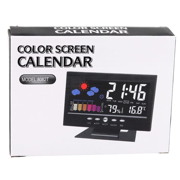 Digital bordsklocka med färgdisplay, termometer & hygrometer, 12/24h
