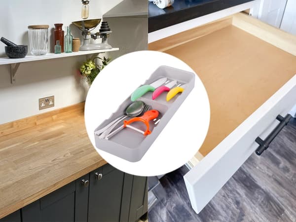 Bestikindsats til skuffe udtrækbar med 2 rum, grå plast 13x39,5 cm