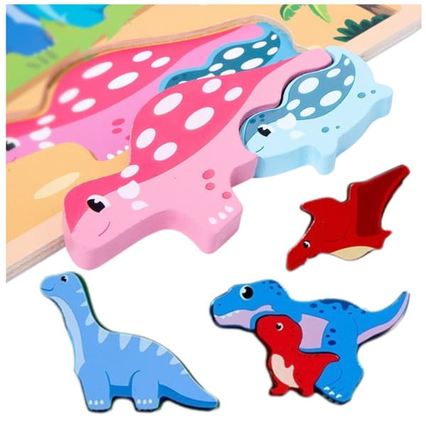 Träpussel dinosaurier 2-i-1 med whiteboard 30x22,5 cm, 12 delar