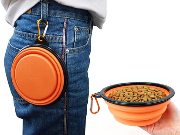 Sammenfoldelig hundeskål i silikone 800 ml, orange, med karabinhage
