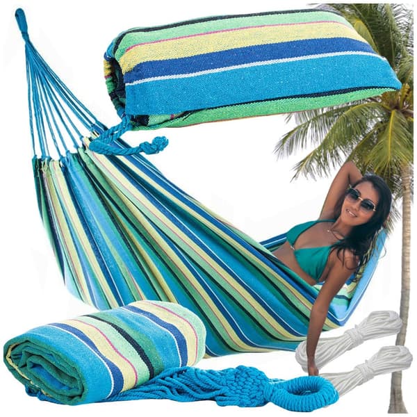 Hängmatta randig bomull/polyester 200x80 cm med bärväska och 2 rep