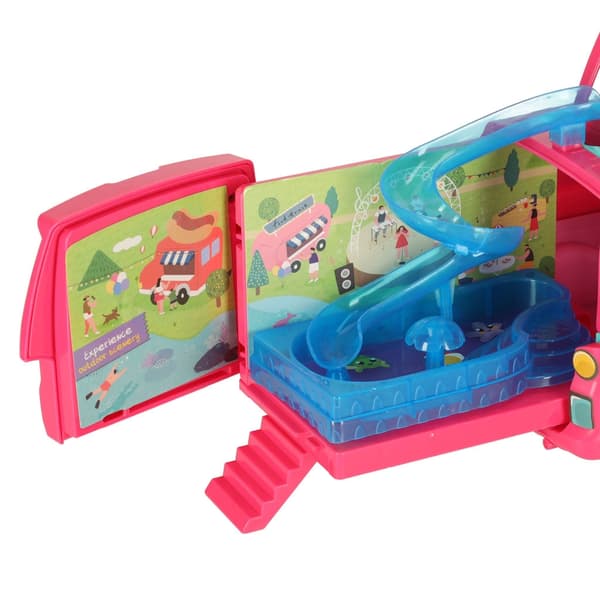 Fällbar dockcamper 35 cm med docka, tält, pool och tillbehör