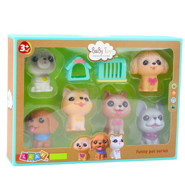 Gummi-hundefigurer sæt 6-pack med hundehus og transportbur, ca. 8 cm