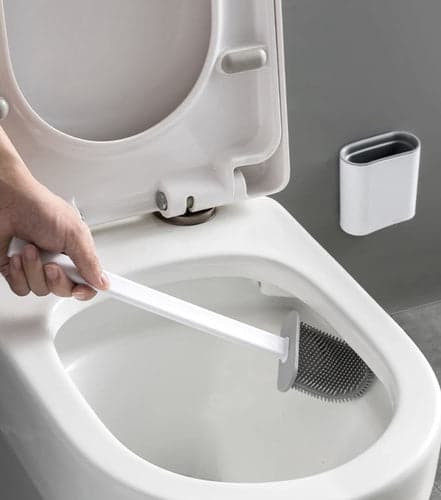 Slim silikon toalettborste med ventilerad behållare vägg/golv vit/grå