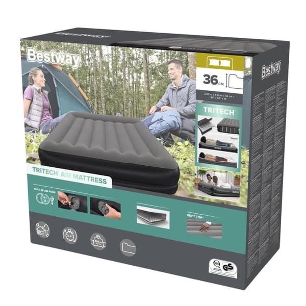 Dubbel luftmadrass 203x152x36 cm TriTech med USB-pump och kudde