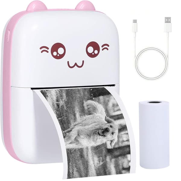 Mini termisk printer Bluetooth 57 mm rosa med papir og USB-C