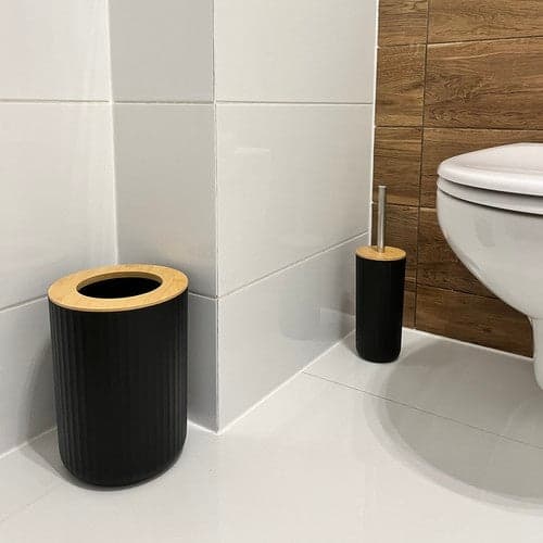 Badeværelsestilbehørssæt 6 dele sort/bambus med sæbedispenser & toiletbørste