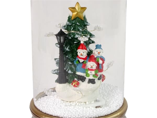Julepynt sneglobus med snemænd, lyd/lys og sneeffekt, 32 cm