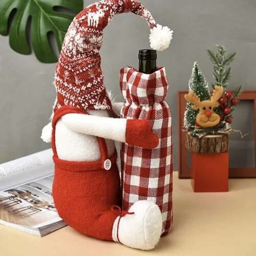Juleelver flaskepose til vinflaske 55 cm rød/hvid polyester