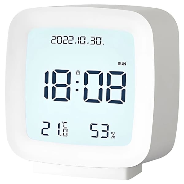 Digitalt vækkeur LCD med dato temp luftfugtighed hvid 8x8,5 cm
