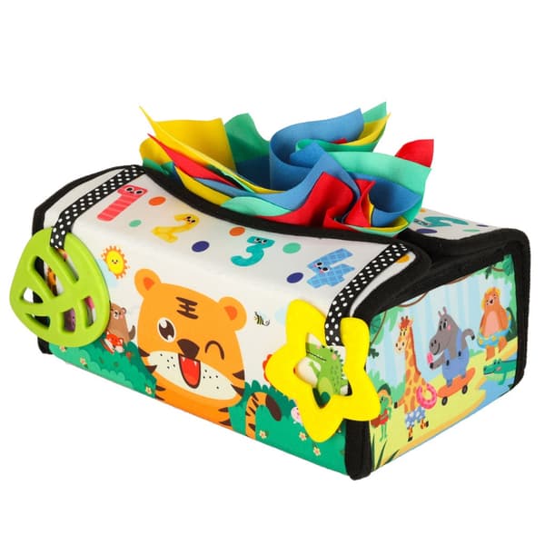Montessori sensorisk tygbox sorter med 11 tyger, spegel 18+ mån