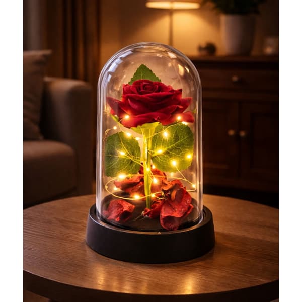Evighetsros röd i glaskupol med LED-belysning 14x8 cm