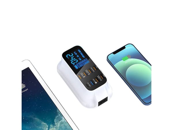 USB-oplader 8 porte med LED-display QC 3.0 + USB-C hvid