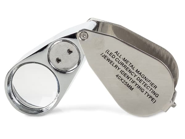 Foldbar juvelererlup 40x 25 mm med LED og UV, aluminium