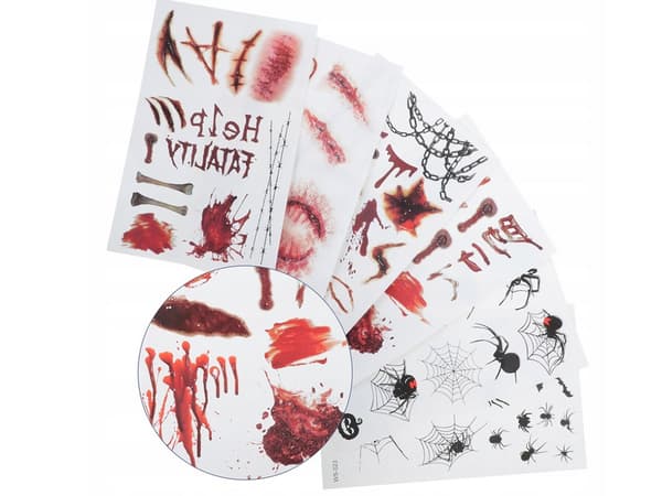 Midlertidige Halloween-tatoveringer 1 ark 19x12 cm, blod/sår/edderkopper
