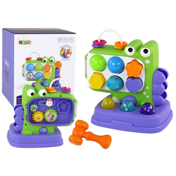 Dinosaur-aktivitetspanel med Whac-a-Mole og formsorterer