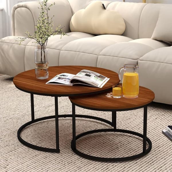 Sofabordssæt 2 stk runde 60/40 cm laminat-MDF sort metal