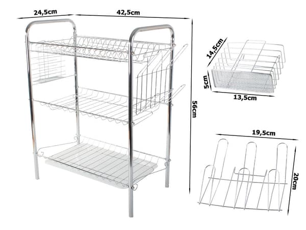 Diskställ 3 nivåer med droppbricka, metall/plast, silver, 56 cm