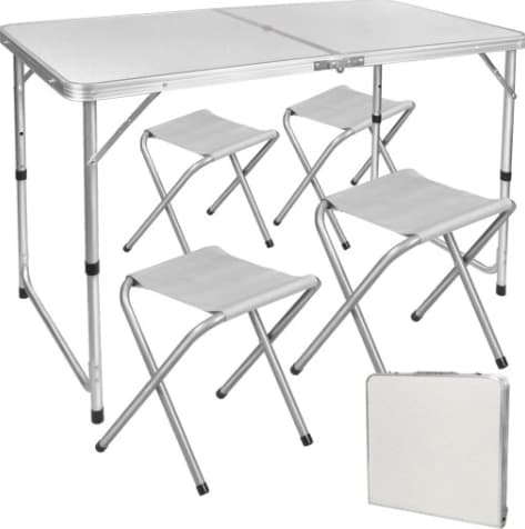 Hopfällbart campingbord med 4 stolar 120x60 cm aluminium/MDF vit