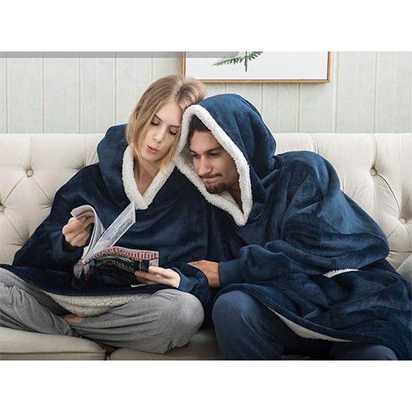 Filttröja med huva teddyfoder one size unisex navy blue