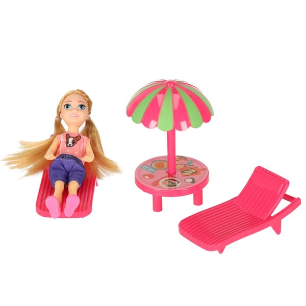 Sammenklappelig dukkecamper 35 cm med dukke, telt, pool og tilbehør
