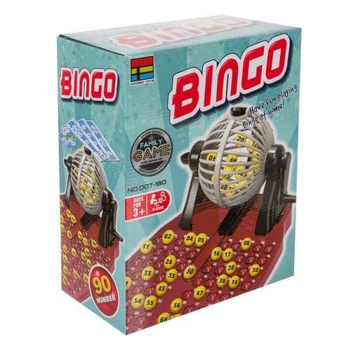 Bingo brætspil med træk-maskine, bolde, kort og markører (2+ spillere)