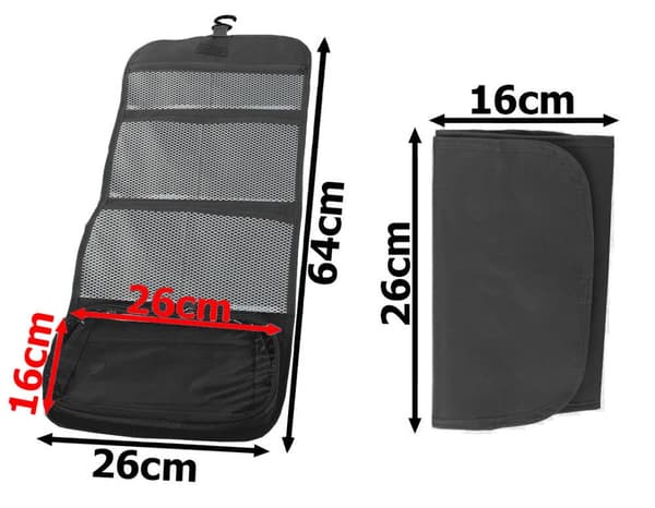 Sammenklappelig toilettaske med krog sort 26x16 cm (64x26 cm udfoldet)
