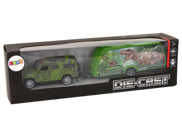 Dinosaurjeep legetøjsbil med anhænger 13 cm, baghjulstræk, 3+ år
