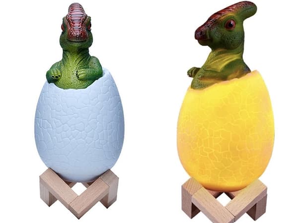 Dinosauruslamppu RGB-LED puujalustalla 7 väriasetusta, mukana virtakaapeli