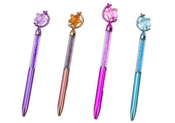 Kuglepen med roterende stjerne og glitrende diamanter, blåt blæk