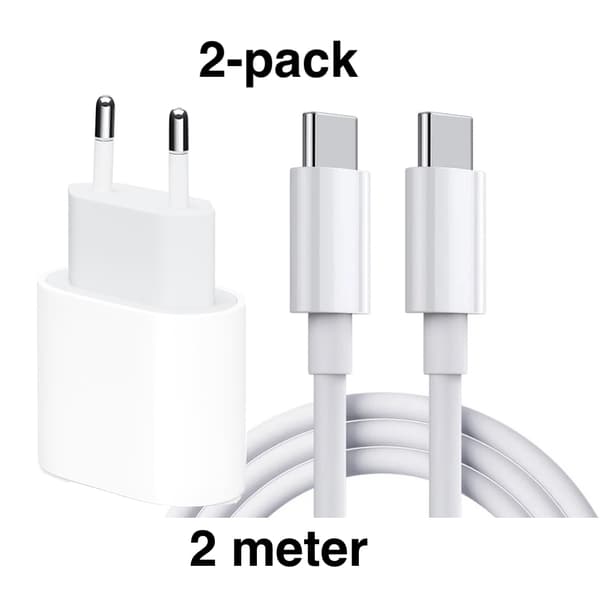USB-C snabbladdare 20W PD 3.0 med 2 m USB-C-kabel vit 2-pack Vit