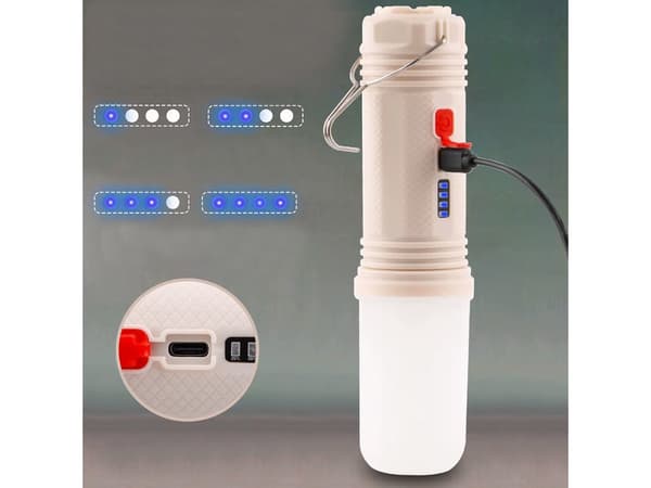 LED-campinglampe med powerbank, USB-C, 3 lysindstillinger, 24 cm (sort/hvid)