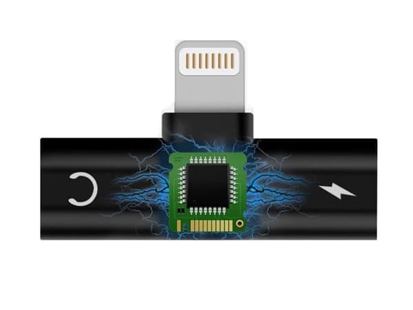 Lightning-adapter 2-i-1 splitter til opladning og hovedtelefoner sort