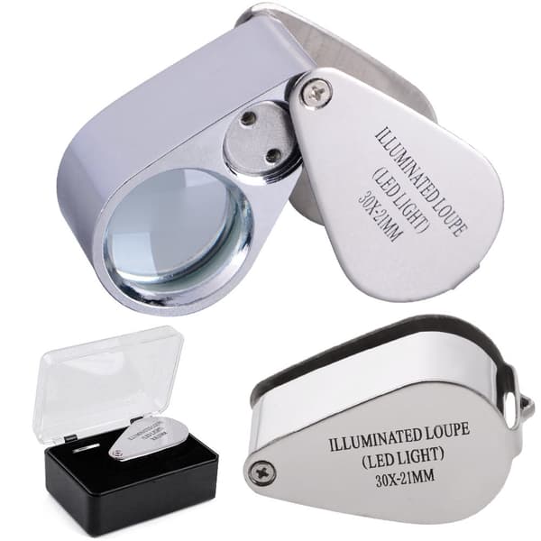 Juvelerarlupp 30x med 2 LED aluminium silver lins 21 mm