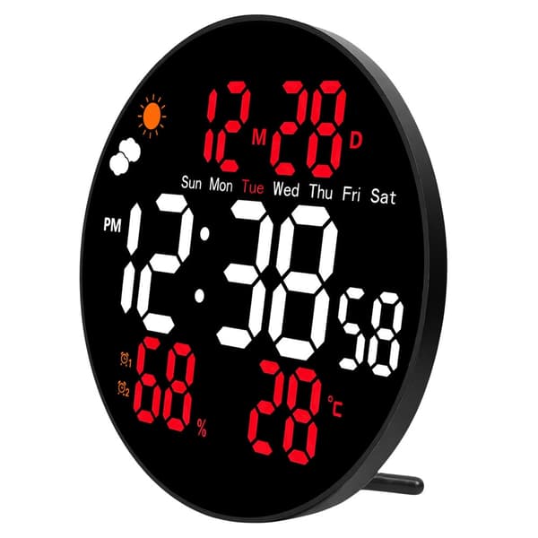 Digital LED-väggklocka 25,5 cm med fjärrkontroll, temp & fukt