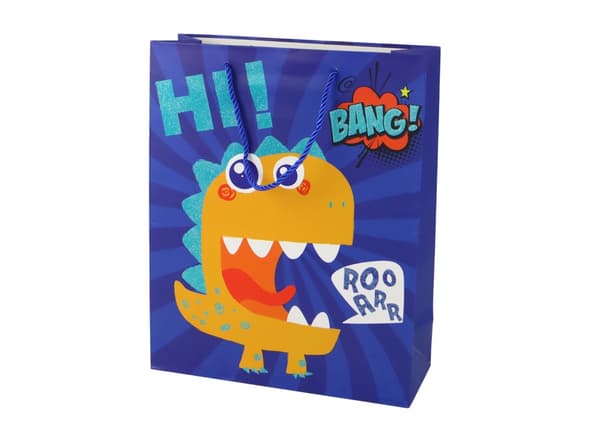 Papperspresentpåse mörkblå dinosaurie med glitter 32x26x10 cm