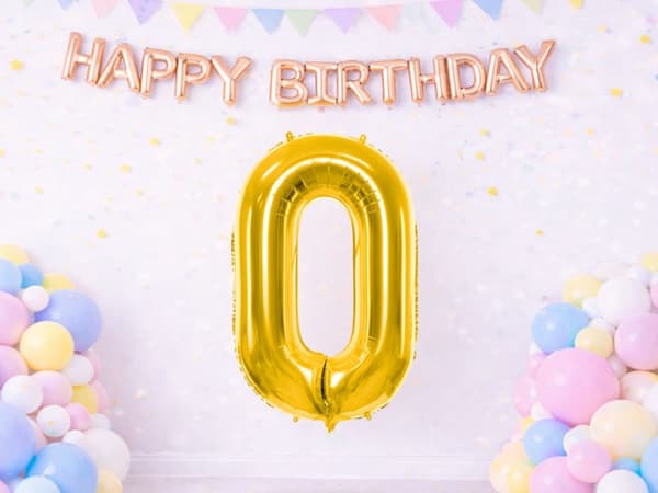 Cifferballon 0 folie guld 66 cm med sugerør