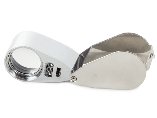 Foldbar juvelererlup 40x 25 mm med LED og UV, aluminium