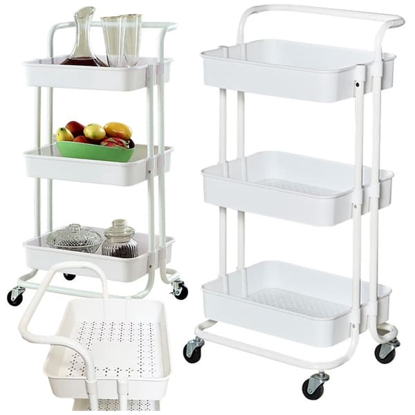 Rullvagn med hjul 3 hyllor metall vit 86x41,5x37 cm