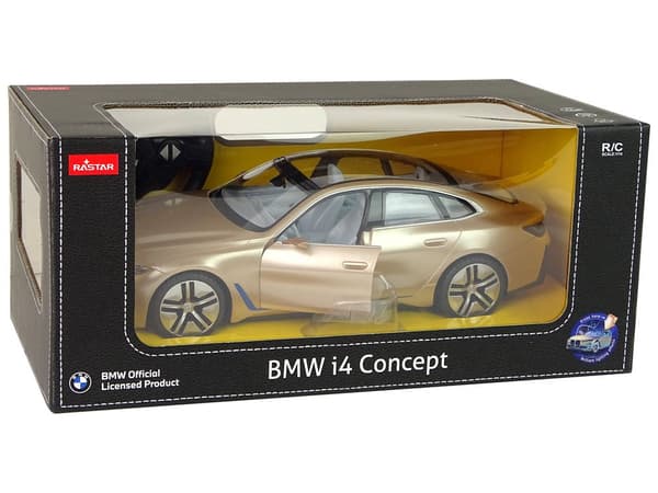 Fjernstyret BMW i4 1:14 i guld med LED-lys og åbningsbare døre