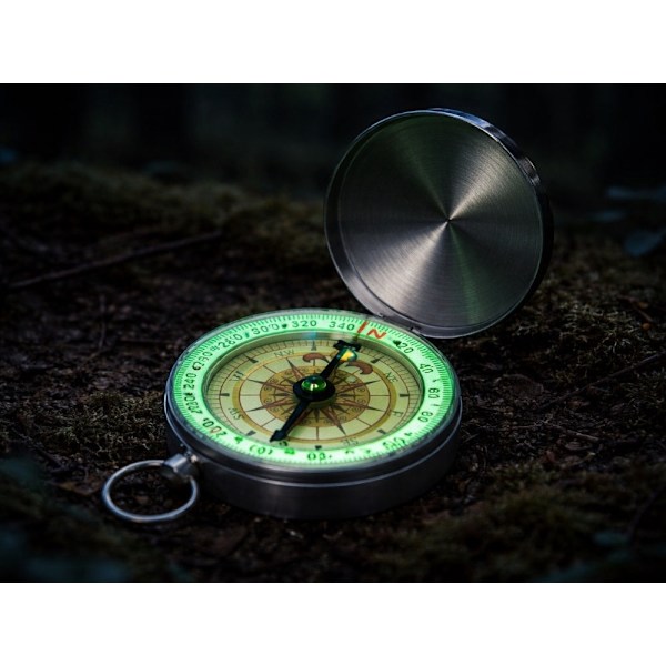 Fickkompass med fluorescerande urtavla 360° låsbart lock silver