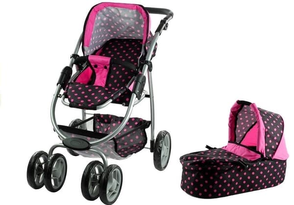 2i1 dukkevogn/klapvogn til dukker Alice sort med rosa prikker