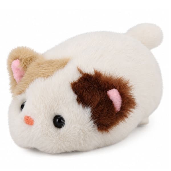 Blød kattekilling 16 cm hvid med brune/beige pletter og lyserøde detaljer