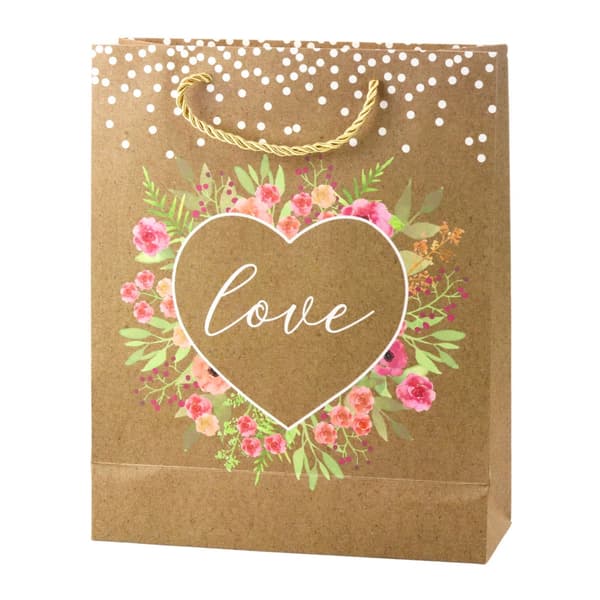 Gavepose i kraftpapir 32x26x10 cm blomsterprint Love 1-pack