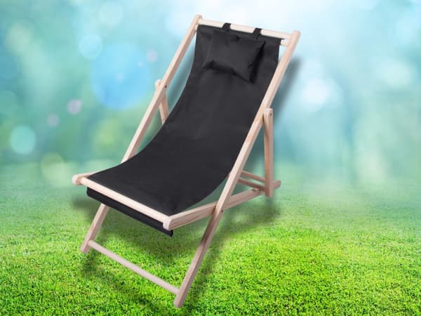 Foldbar solstol i træ med hynde og hovedpude 4 positioner 122 cm
